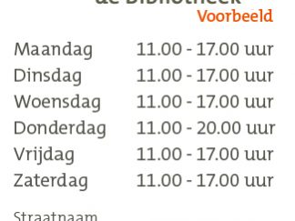 Openingstijdenkaartje met adresgegevens in kleur